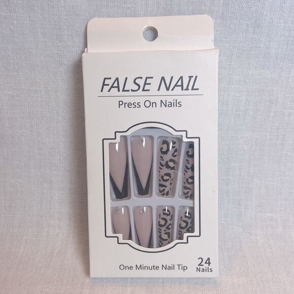 Black Pink Leopard Press On Nails 25 pc Long Coffin Rhinestone False Kit w/Glue - Picture 2 of 4